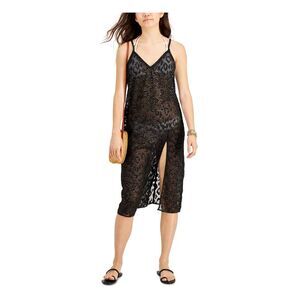 MIKEN Women's Black Textured Slit Midi Deep V Neck Metallic Swimsuit Cover Up XS